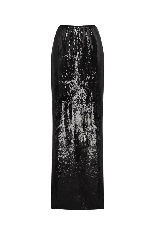 Dramatic fitted sequined black maxi skirt sold by Milla
