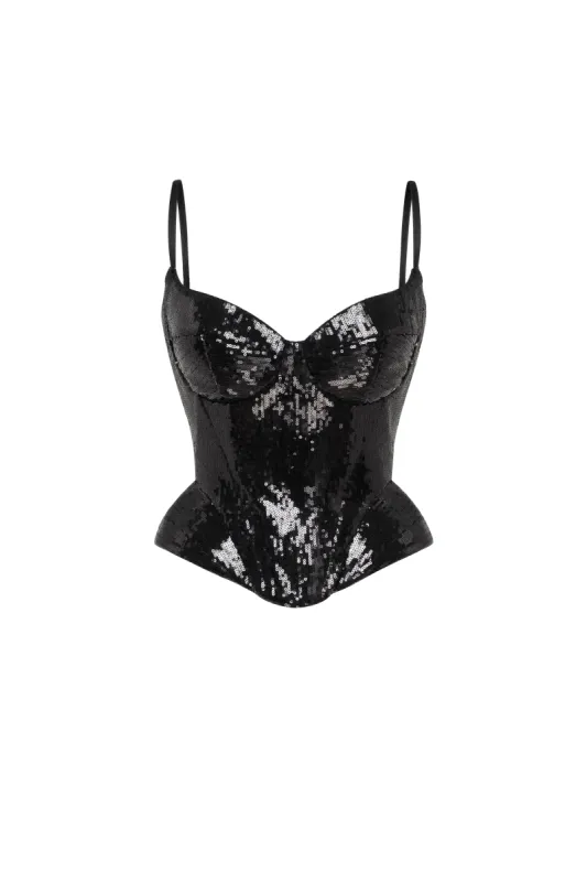 Sensational spaghetti straps sequined black corset   sold by Milla