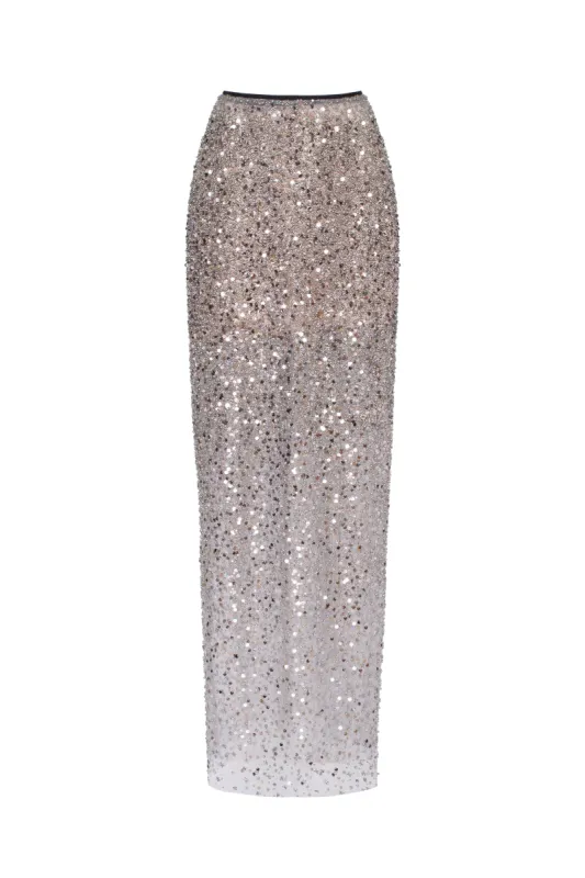 Showstopper fully sequined silver fitted maxi skirt sold by Milla