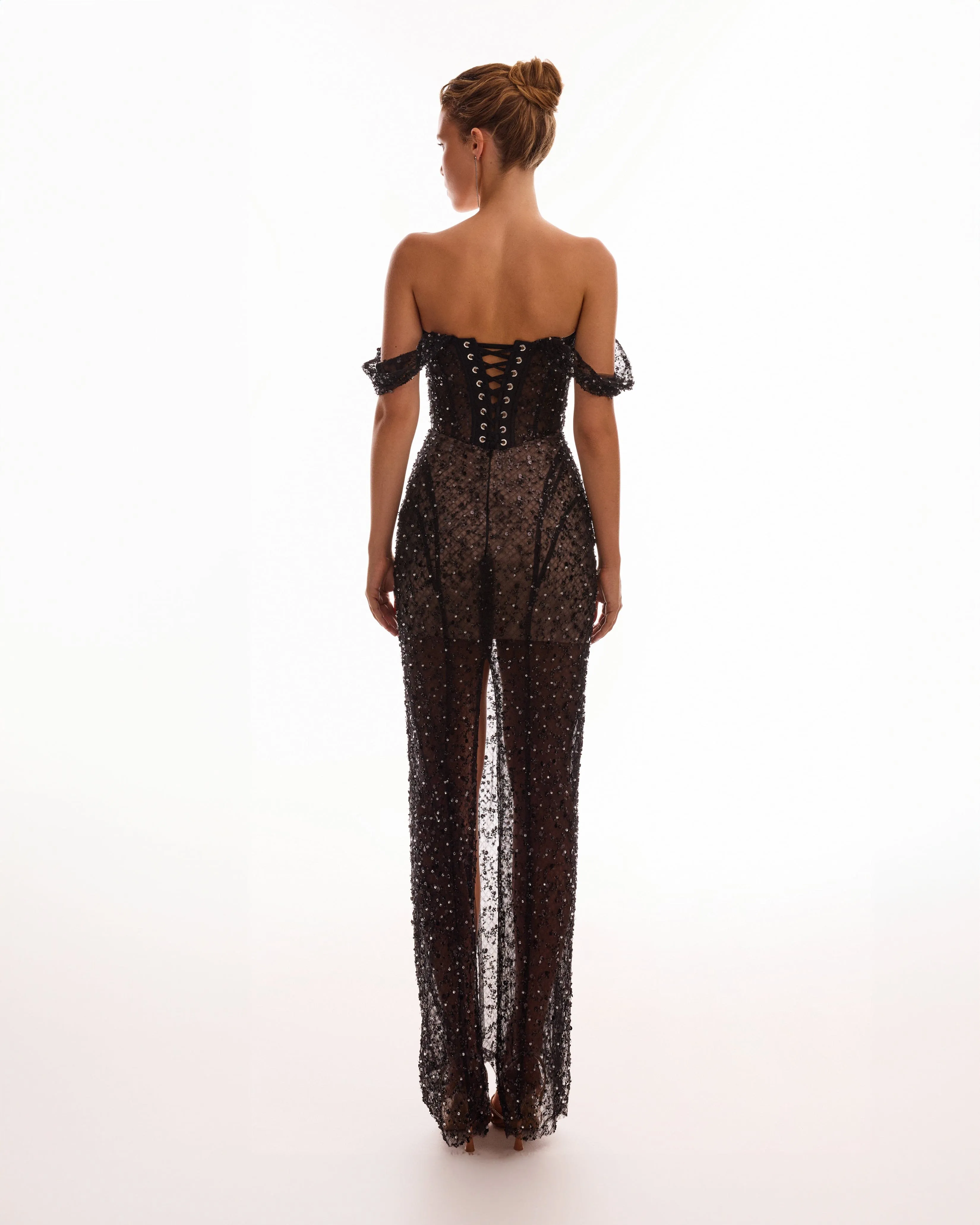 Striking black sequined fitted maxi dress sold by Milla product image thumbnail 4
