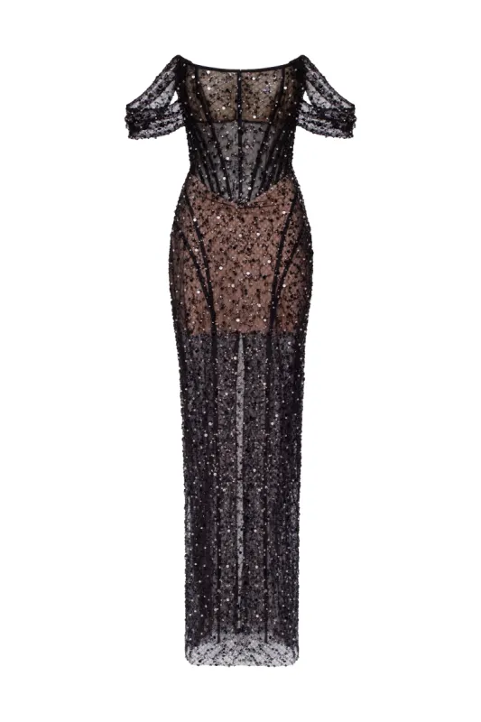 Striking black sequined fitted maxi dress  sold by Milla
