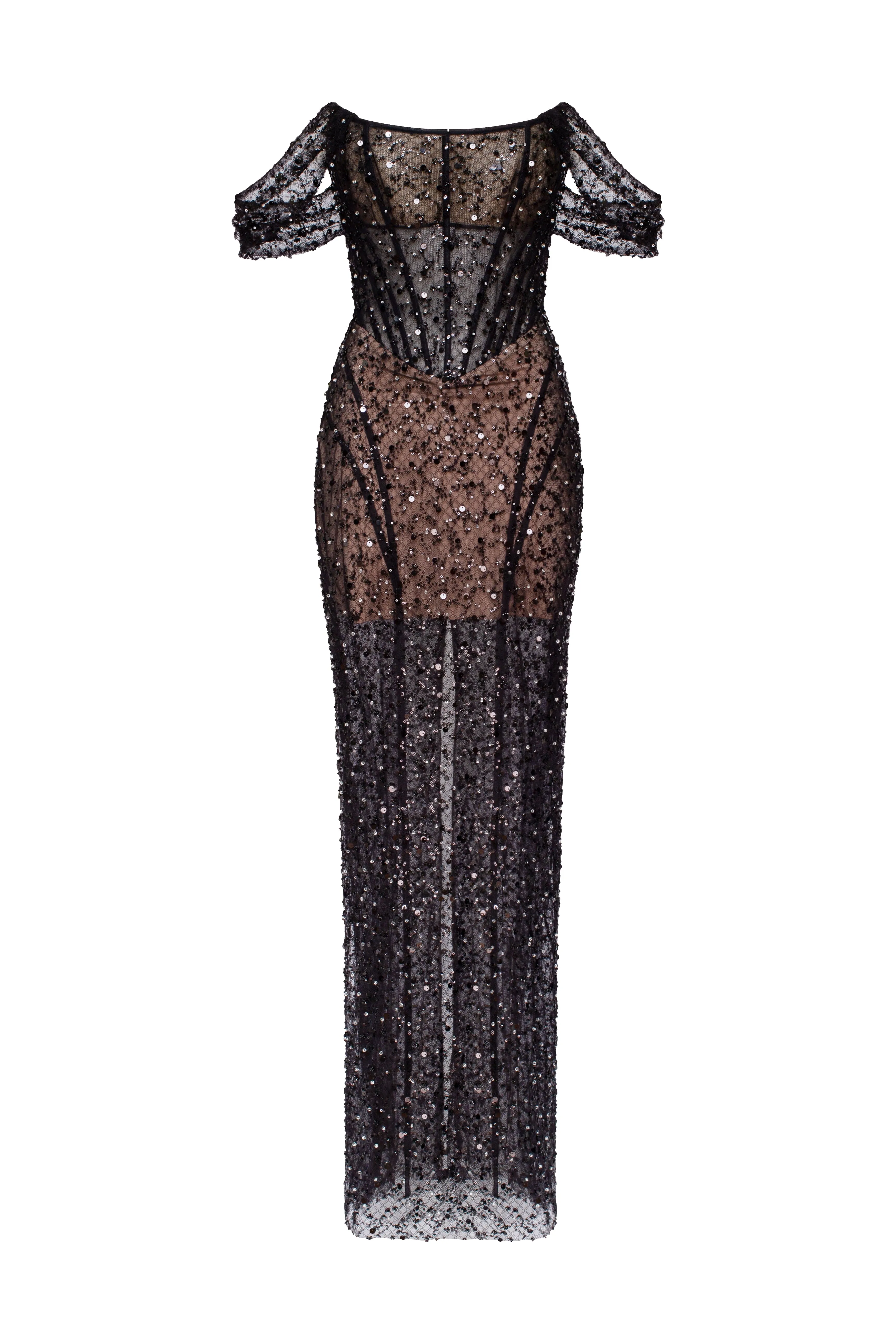 Striking black sequined fitted maxi dress sold by Milla