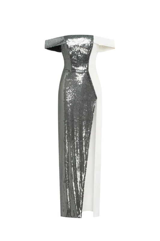 Noteworthy white satin maxi gown covered in silver sequins, Xo Xo sold by Milla