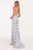 Blue Hydrangea mock neck sleeveless evening dress sold by Milla