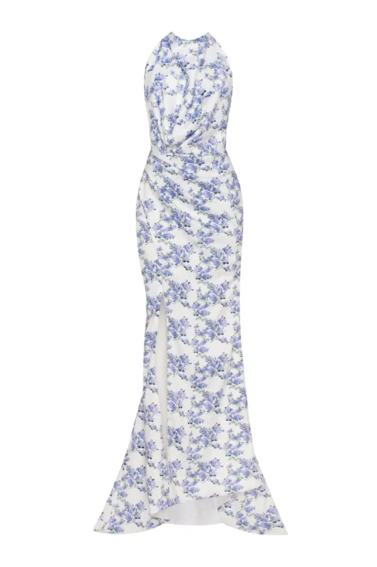 Blue Hydrangea mock neck sleeveless evening dress sold by Milla