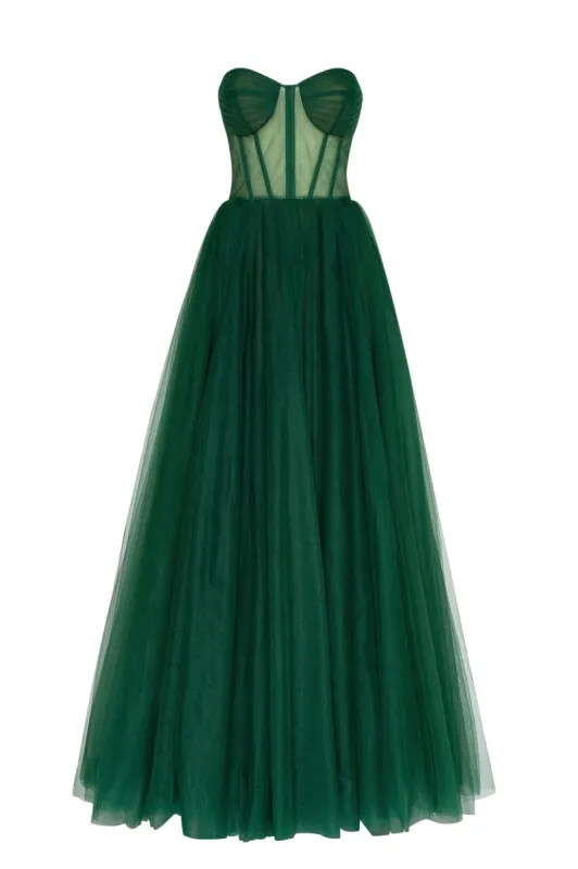 Emerald Green Tulle Maxi Dress with a Corset Bustier sold by Milla