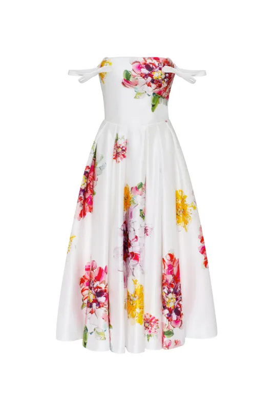 Tea-length ivory floral dress, Glow-Up sold by Milla