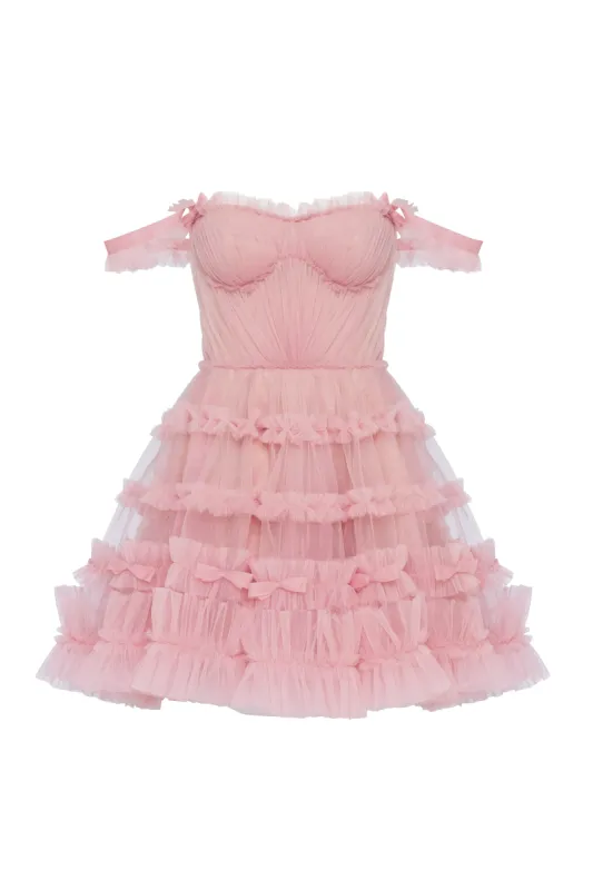 Flirty ruffled tulle mini dress in misty rose, Glow-Up sold by Milla