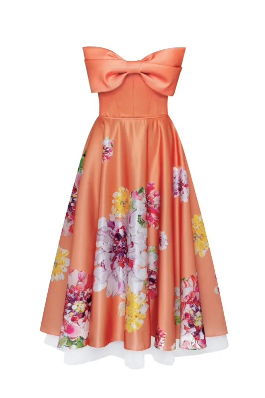Playful orange floral midi dress with bow, Glow-Up sold by Milla