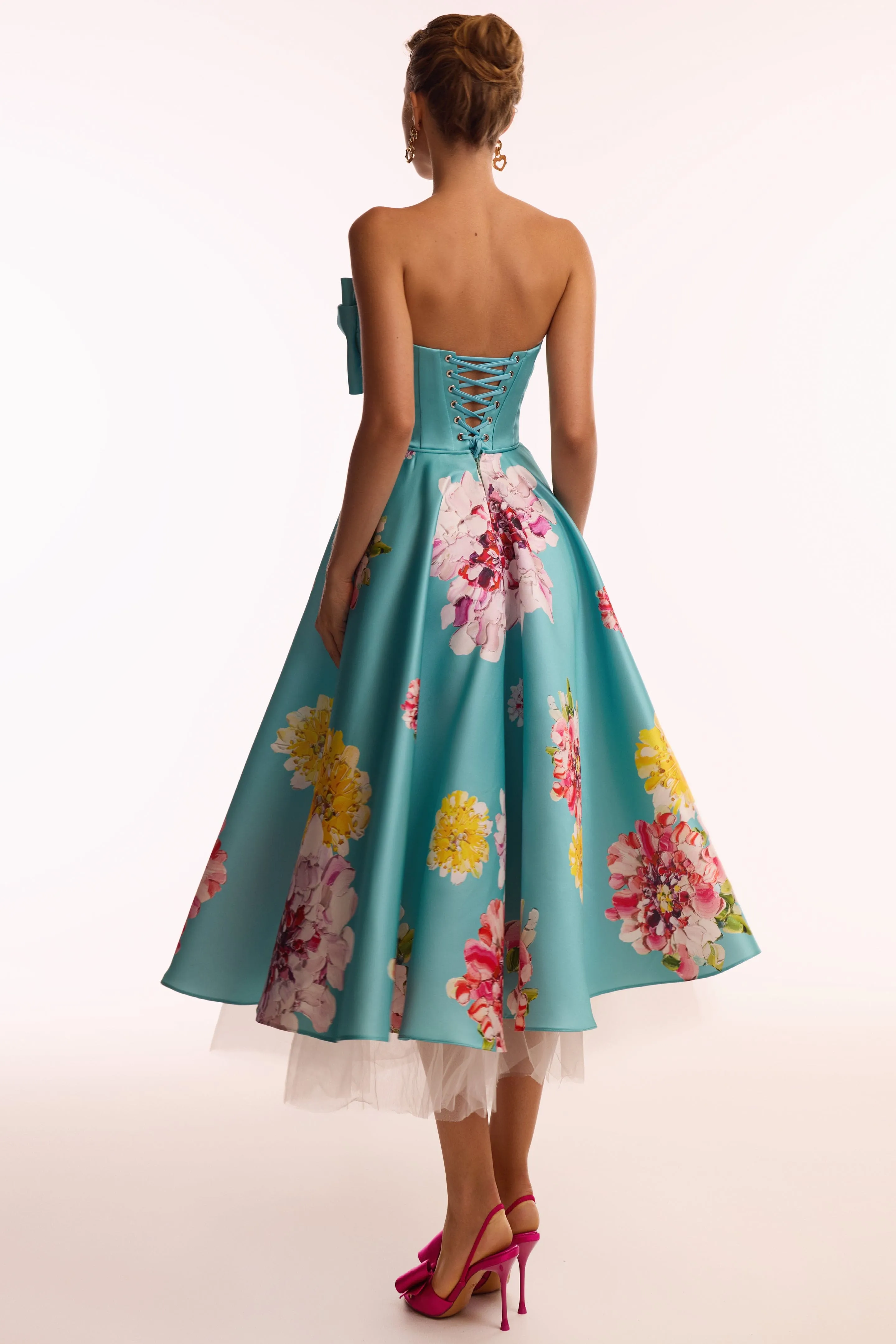 Playful aquamarine floral midi dress with bow, Glow-Up sold by Milla product image thumbnail 4