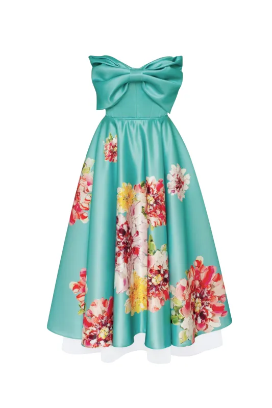 Playful aquamarine floral midi dress with bow, Glow-Up sold by Milla
