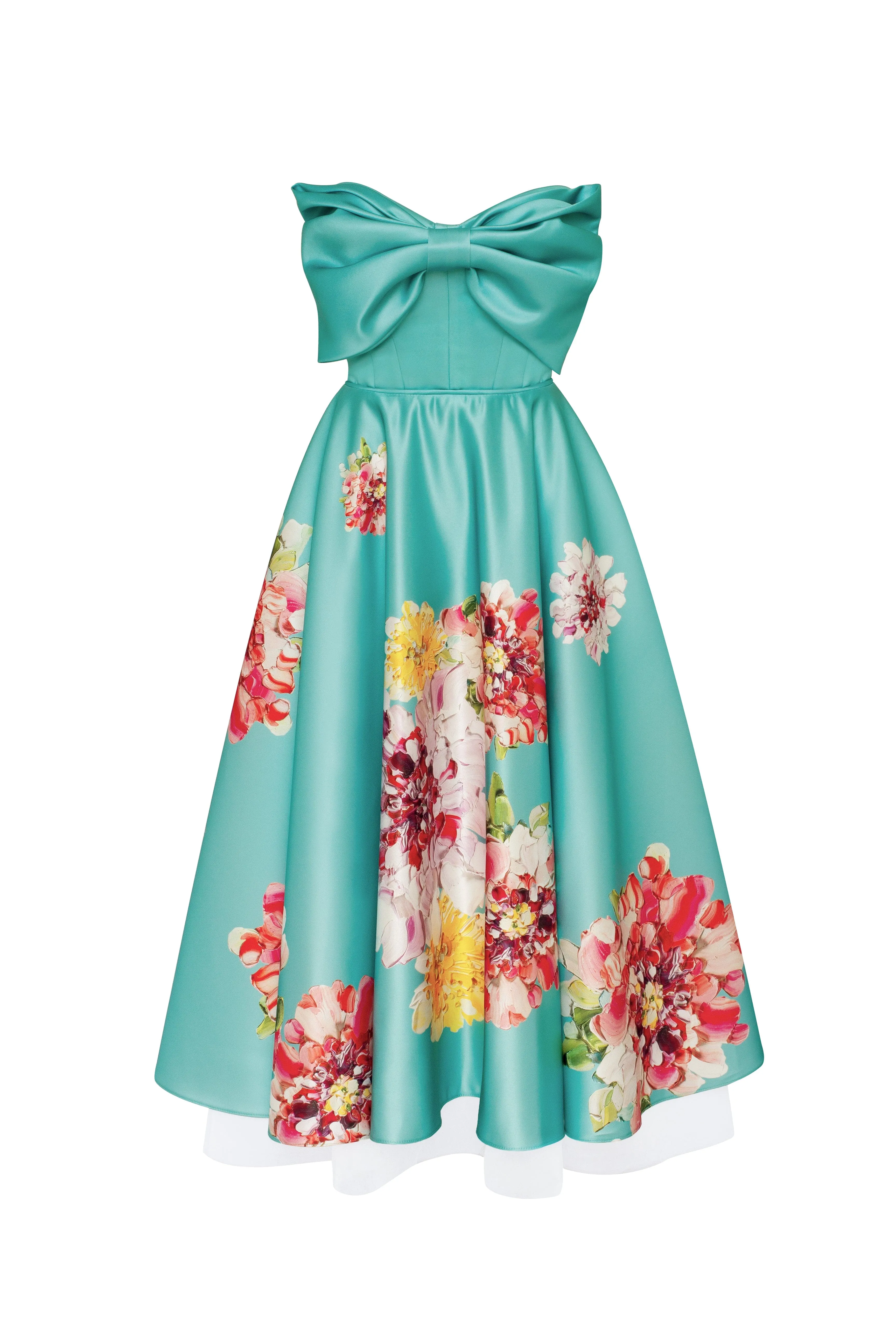 Playful aquamarine floral midi dress with bow, Glow-Up sold by Milla