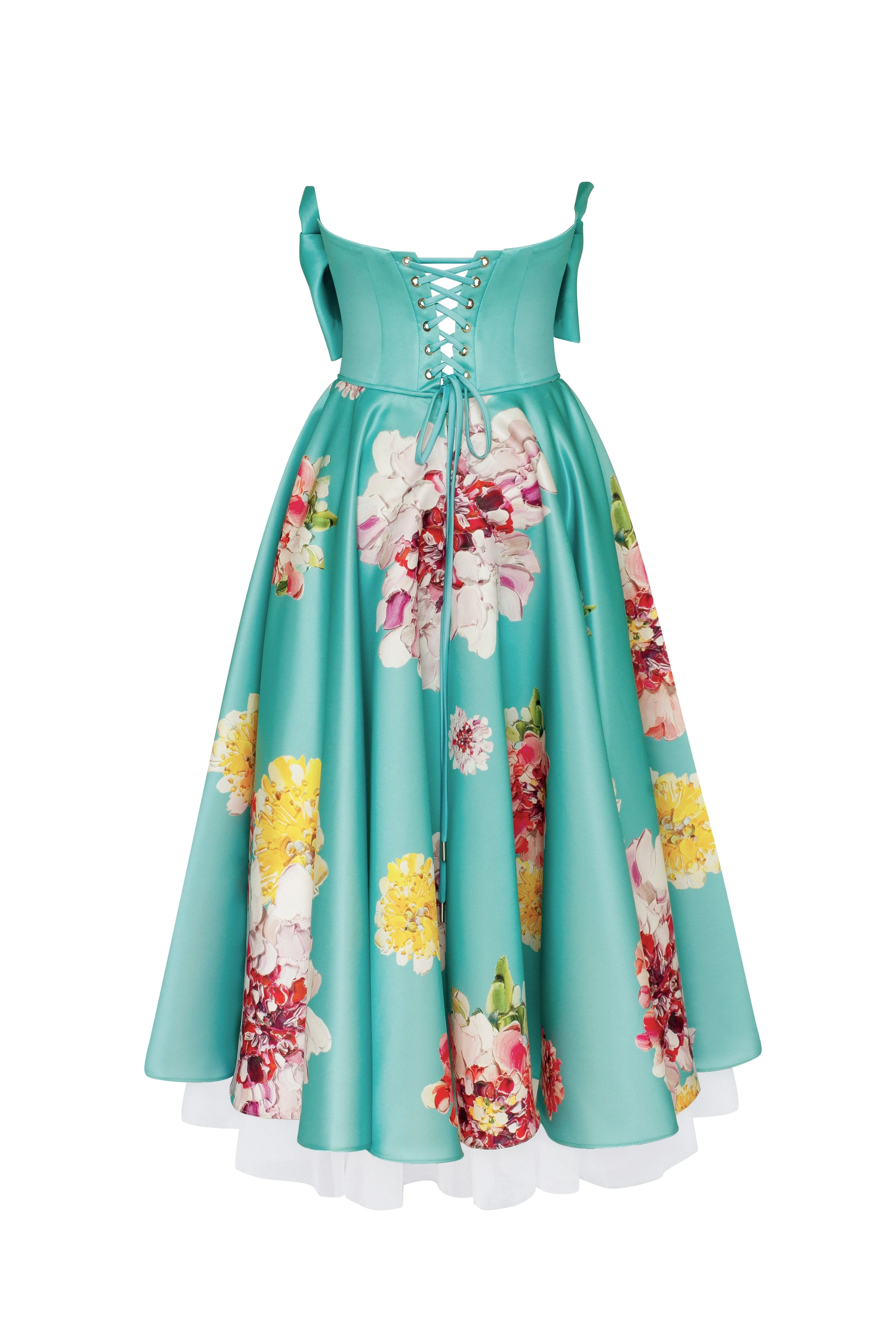 Playful aquamarine floral midi dress with bow, Glow-Up sold by Milla product image thumbnail 3