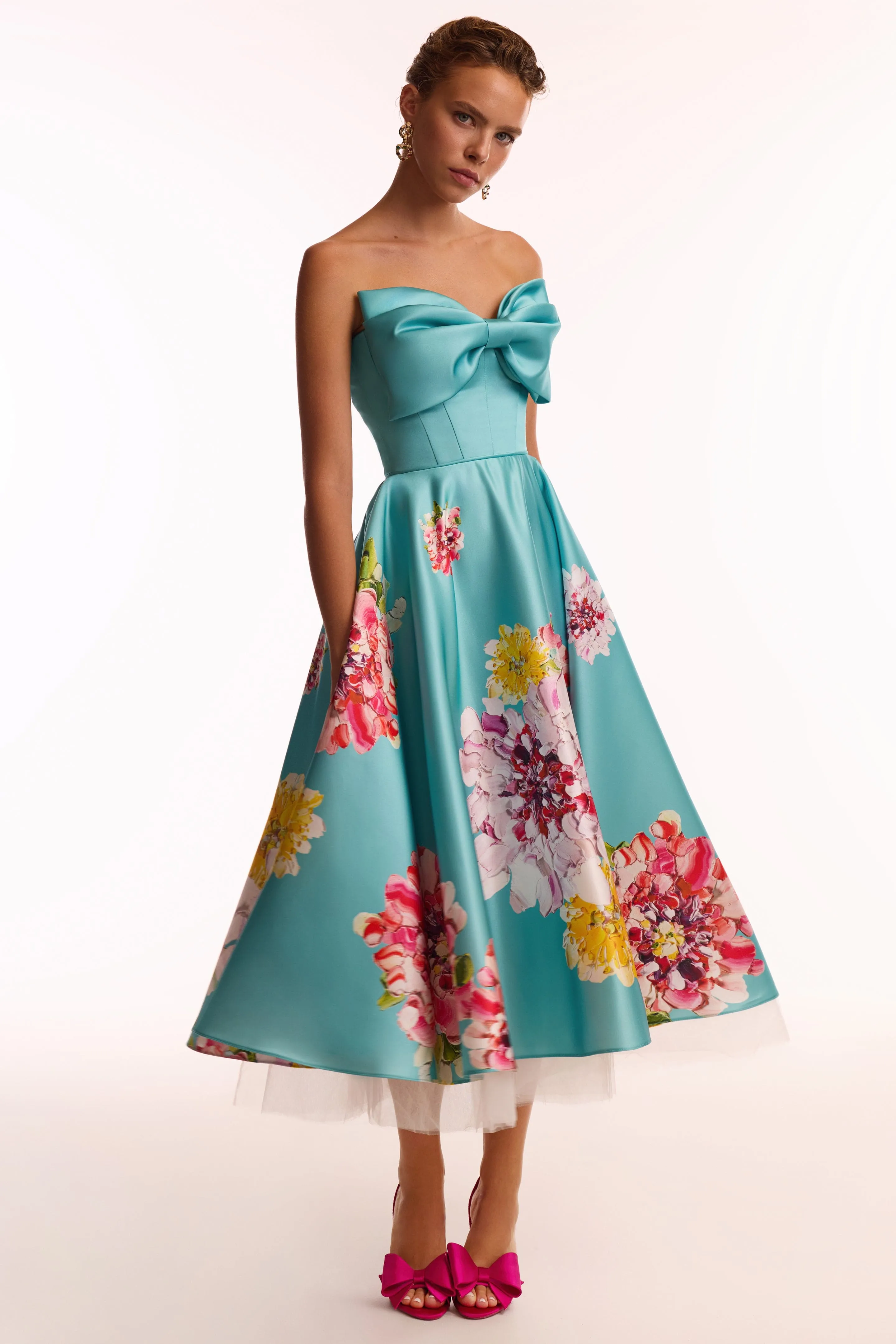 Playful aquamarine floral midi dress with bow, Glow-Up sold by Milla product image thumbnail 2