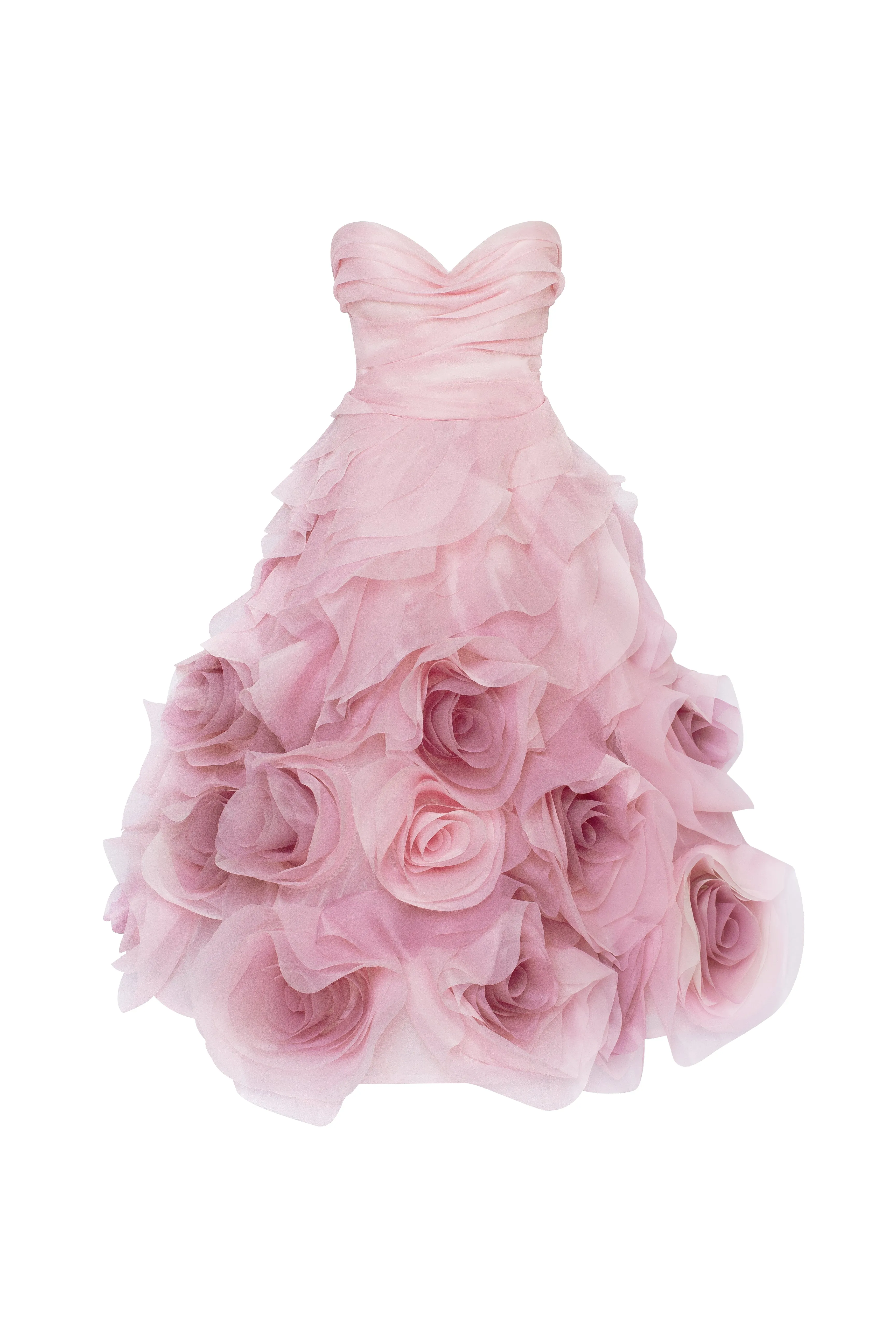 Dramatic flowered organza midi dress in misty rose, Glow-Up sold by Milla