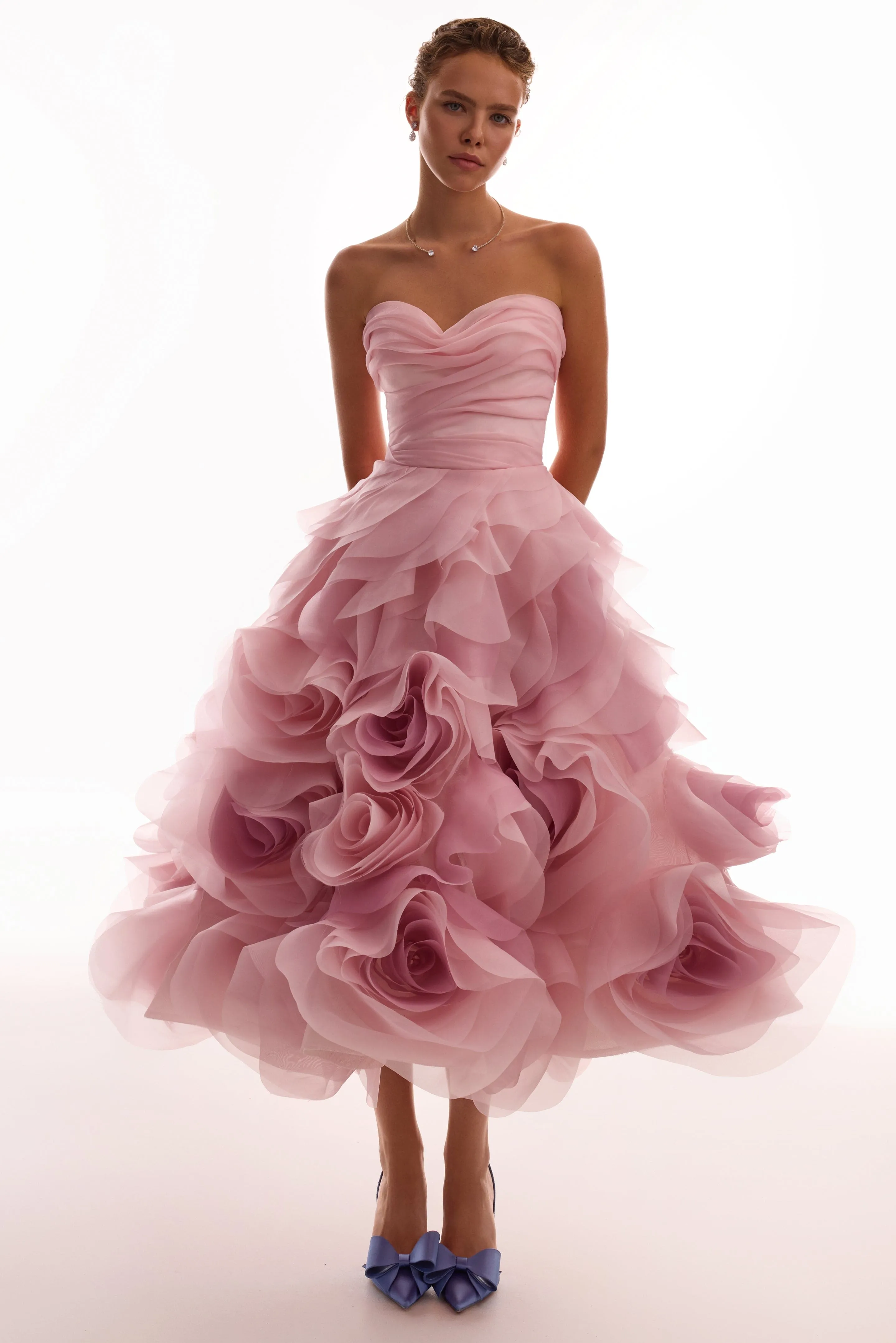 Dramatic flowered organza midi dress in misty rose, Glow-Up sold by Milla product image thumbnail 2