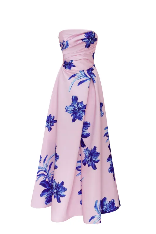 Dainty pink A-line maxi dress with blue-flowered pattern, Glow-Up sold by Milla