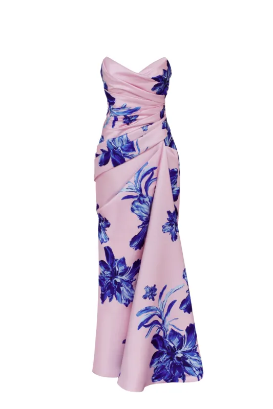 Strapless pink maxi dress with blue-flowered pattern, Glow-Up sold by Milla