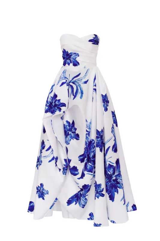 Wonderful white A-line maxi dress&nbsp;with blue flowers, Glow-Up sold by Milla