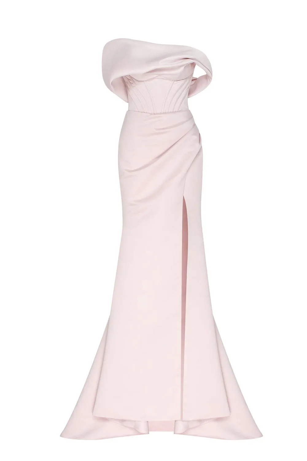 Misty Rose Princess strapless gown with thigh slit sold by Milla