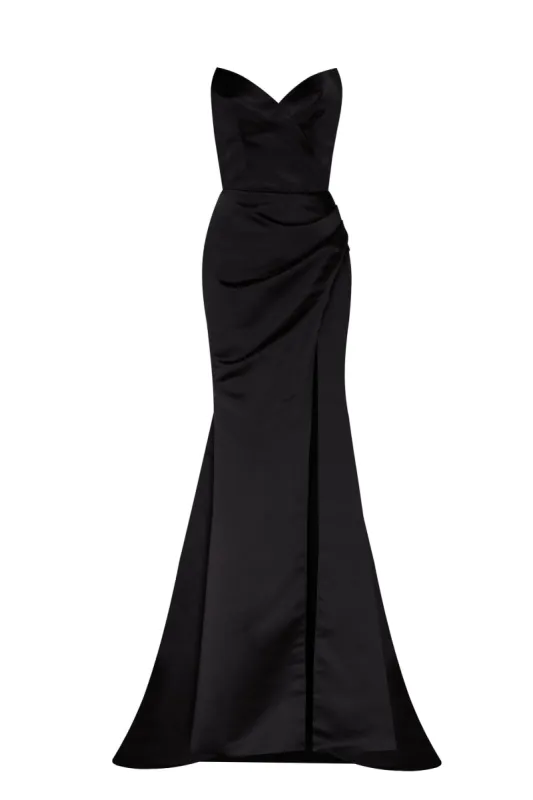 Black Strapless evening gown with thigh slit sold by Milla