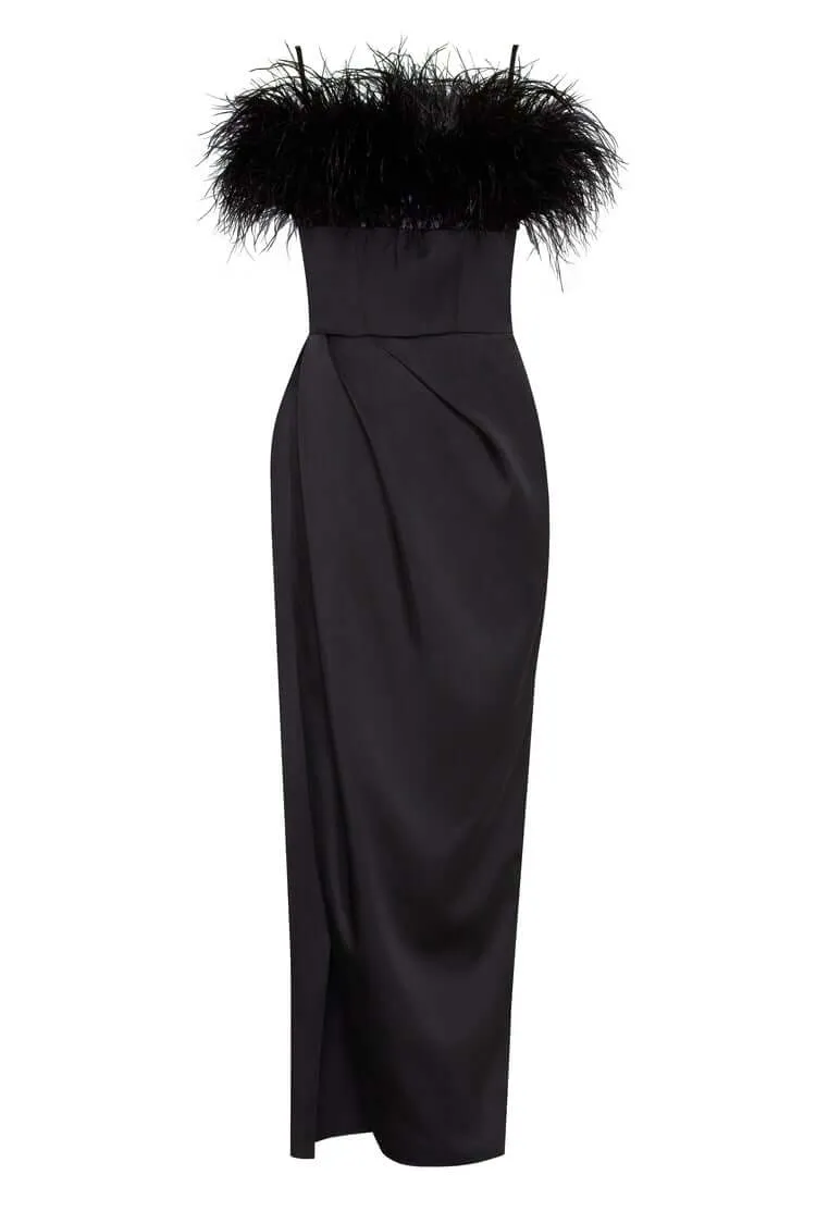 Black Celina Slip Midi Feathered Dress sold by Milla