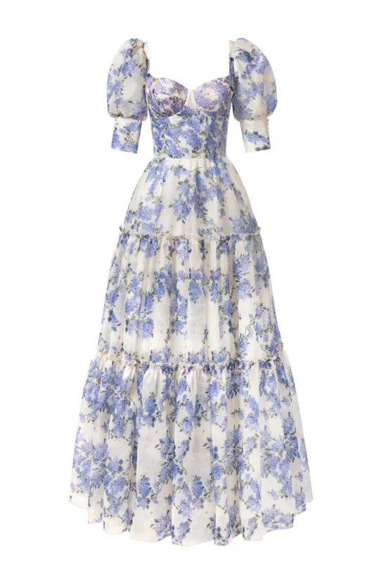 Hydrangea Feminine voluminous sheer sleeves dress sold by Milla