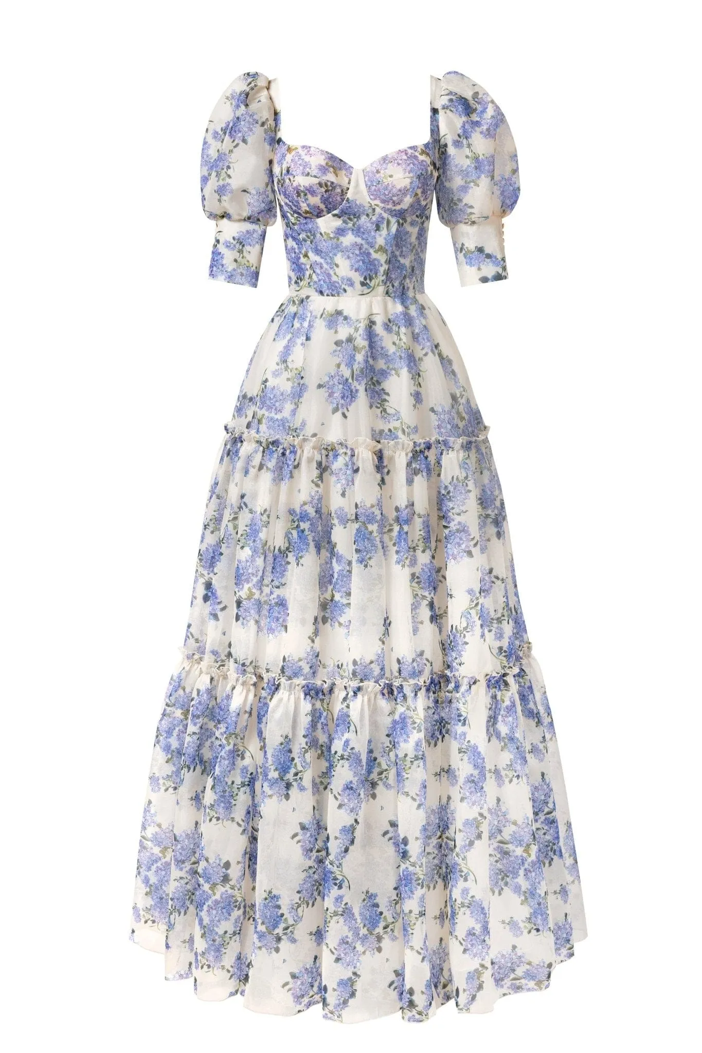 Hydrangea Feminine voluminous sheer sleeves dress sold by Milla