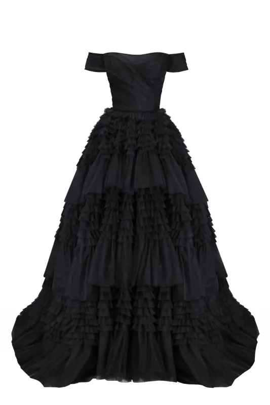 Black Off-The-Shoulder Frill-Layered Gown sold by Milla