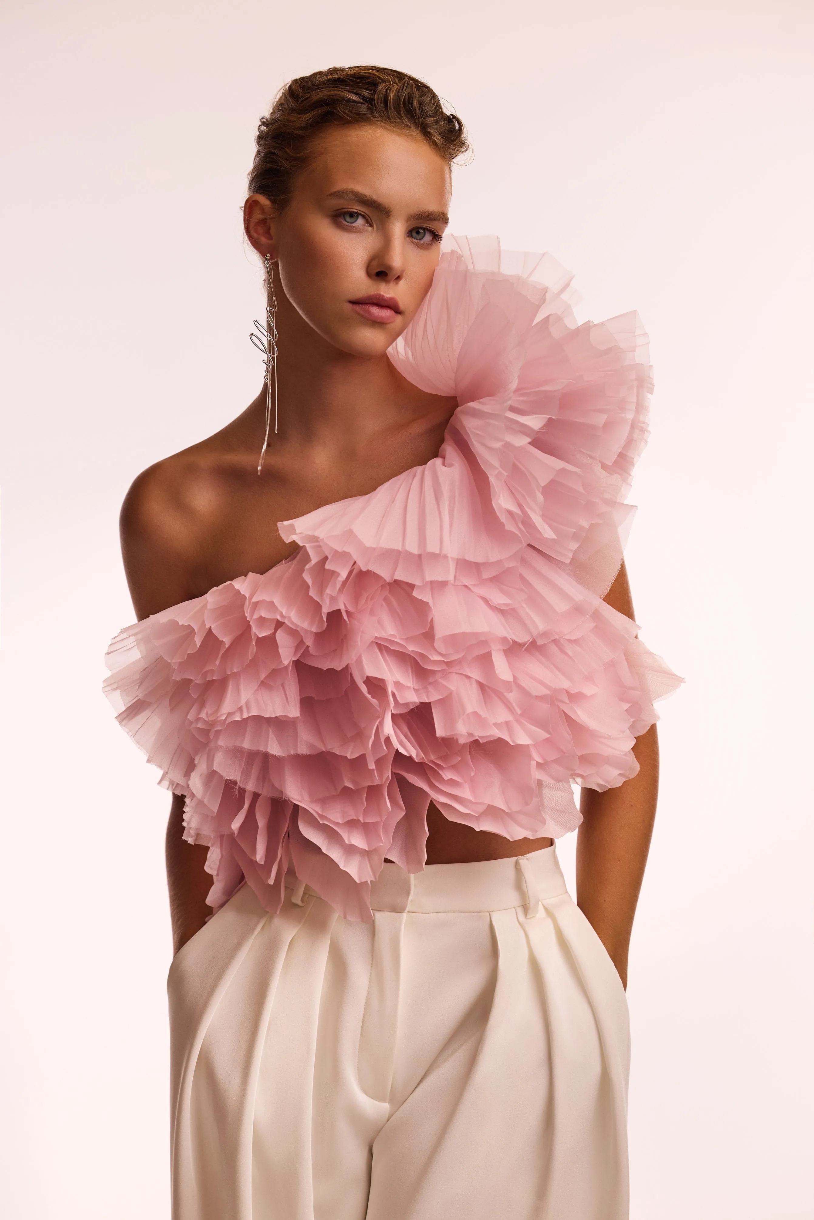 Flirty ruffled one-shoulder organza pink top, Midnight Walk sold by Milla product image thumbnail 2