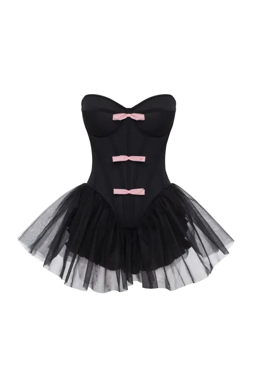 Tutu black mini dress with cute pink bows, Midnight Walk sold by Milla