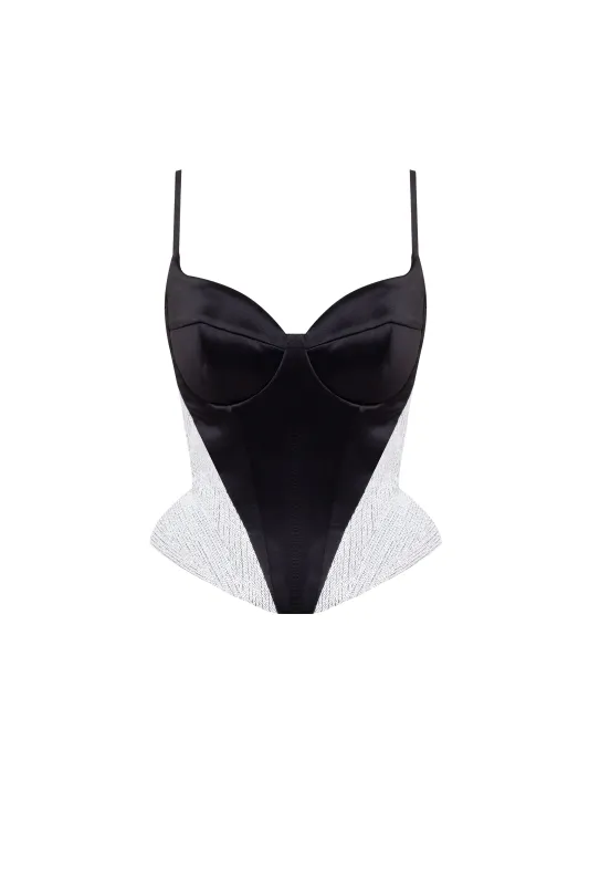 Spaghetti straps heart-shaped black & white corset, Midnight Walk sold by Milla