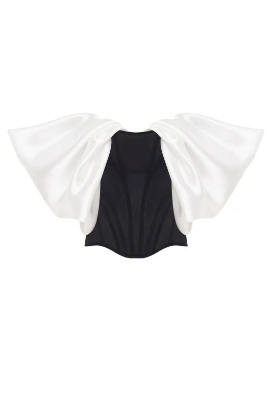 Sophisticated black fitted corset with white satin off-the-shoulder sleeves, Midnight Walk sold by Milla