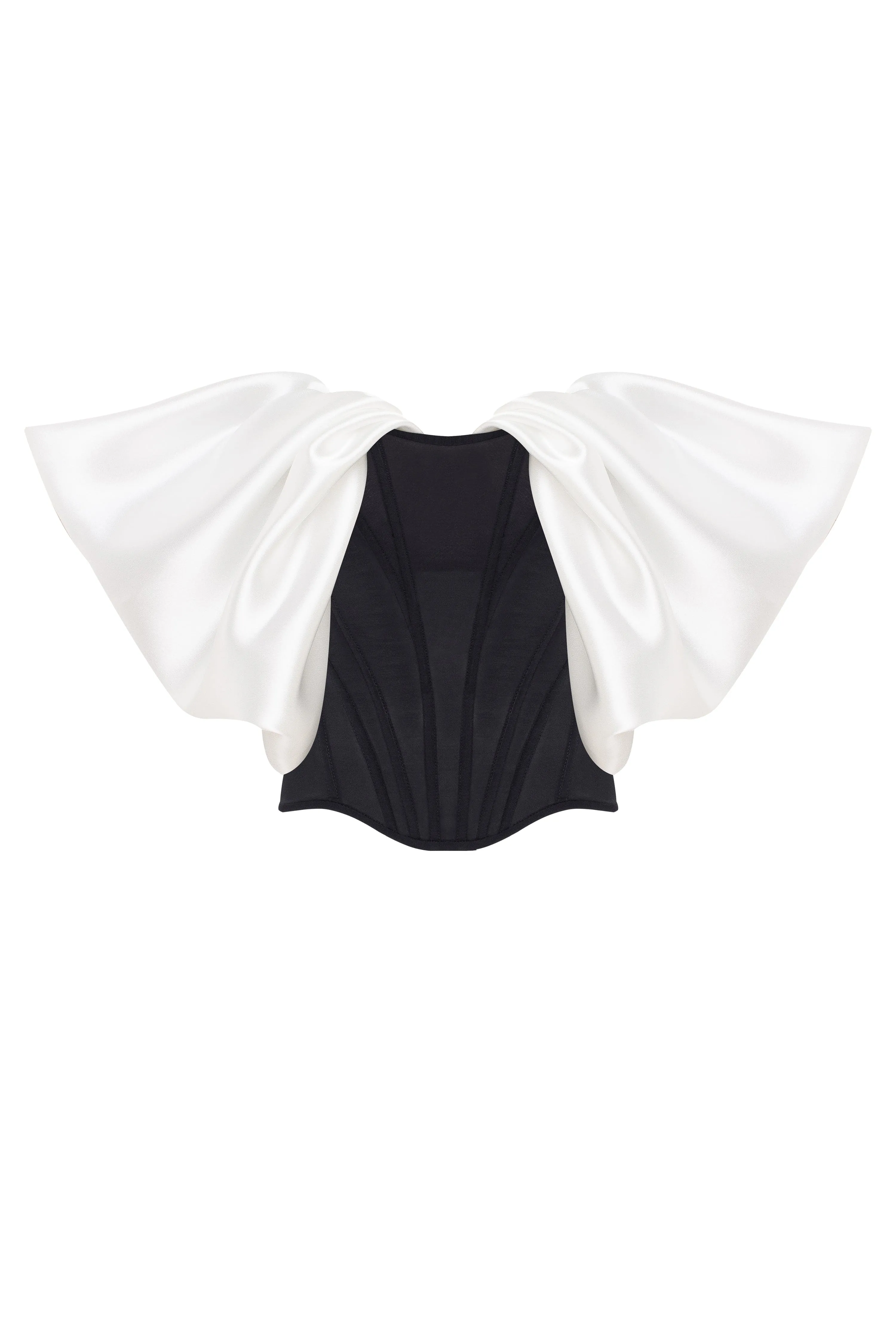 Sophisticated black fitted corset with white satin off-the-shoulder sleeves, Midnight Walk sold by Milla