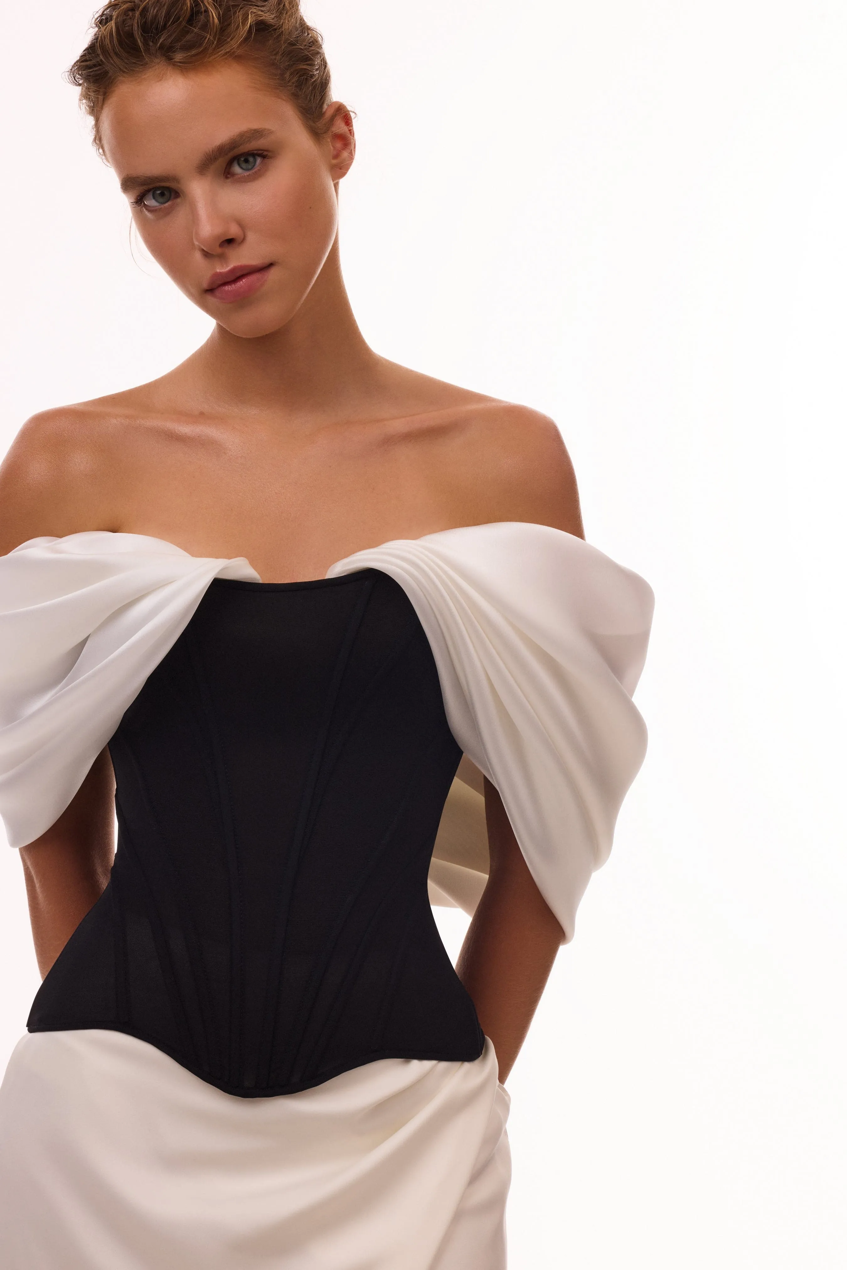 Sophisticated black fitted corset with white satin off-the-shoulder sleeves, Midnight Walk sold by Milla product image thumbnail 2