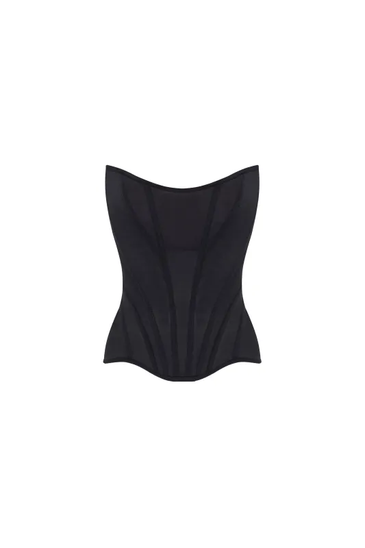 Chic low-waist black fitted corset, Midnight Walk sold by Milla