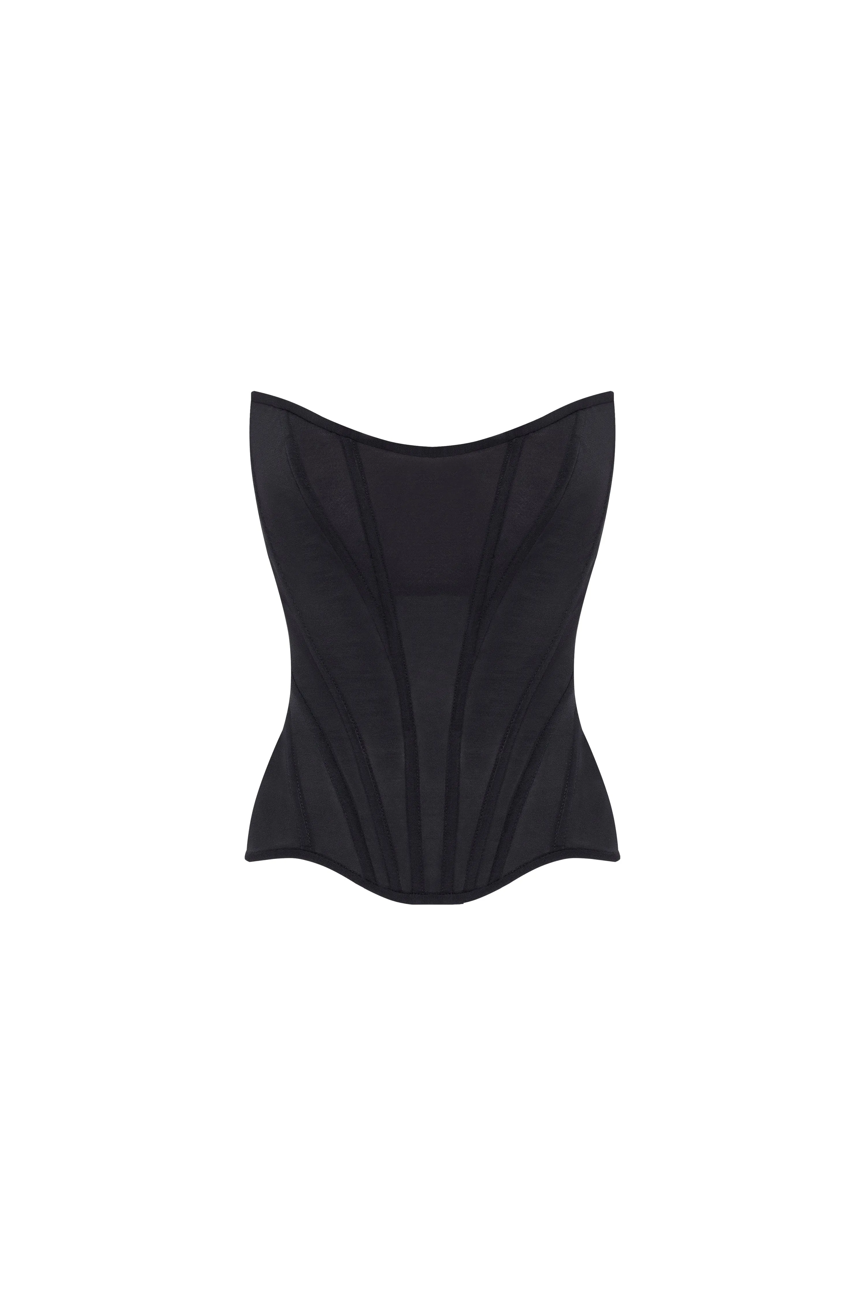 Chic low-waist black fitted corset, Midnight Walk sold by Milla