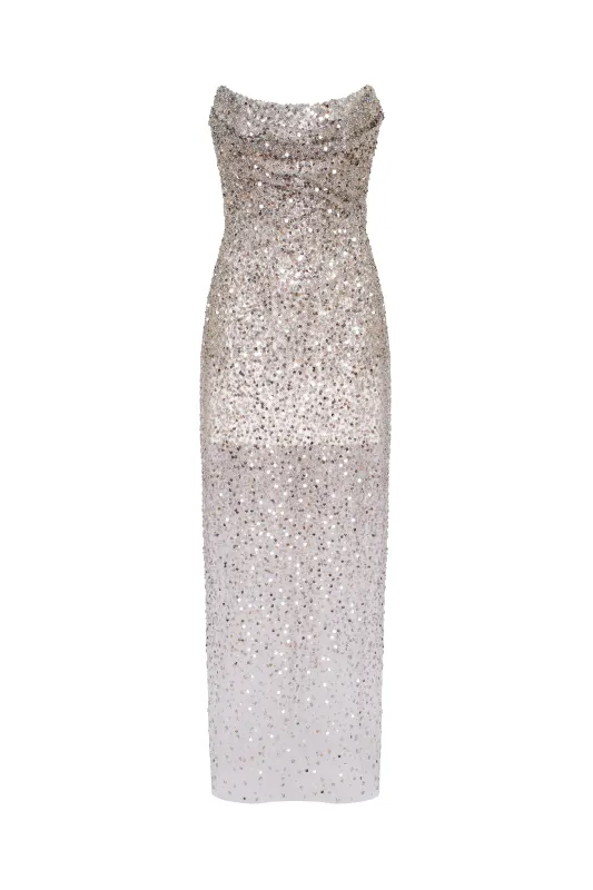 Entrance-worthy semi-sheer sequined silver maxi dress, Midnight Walk sold by Milla
