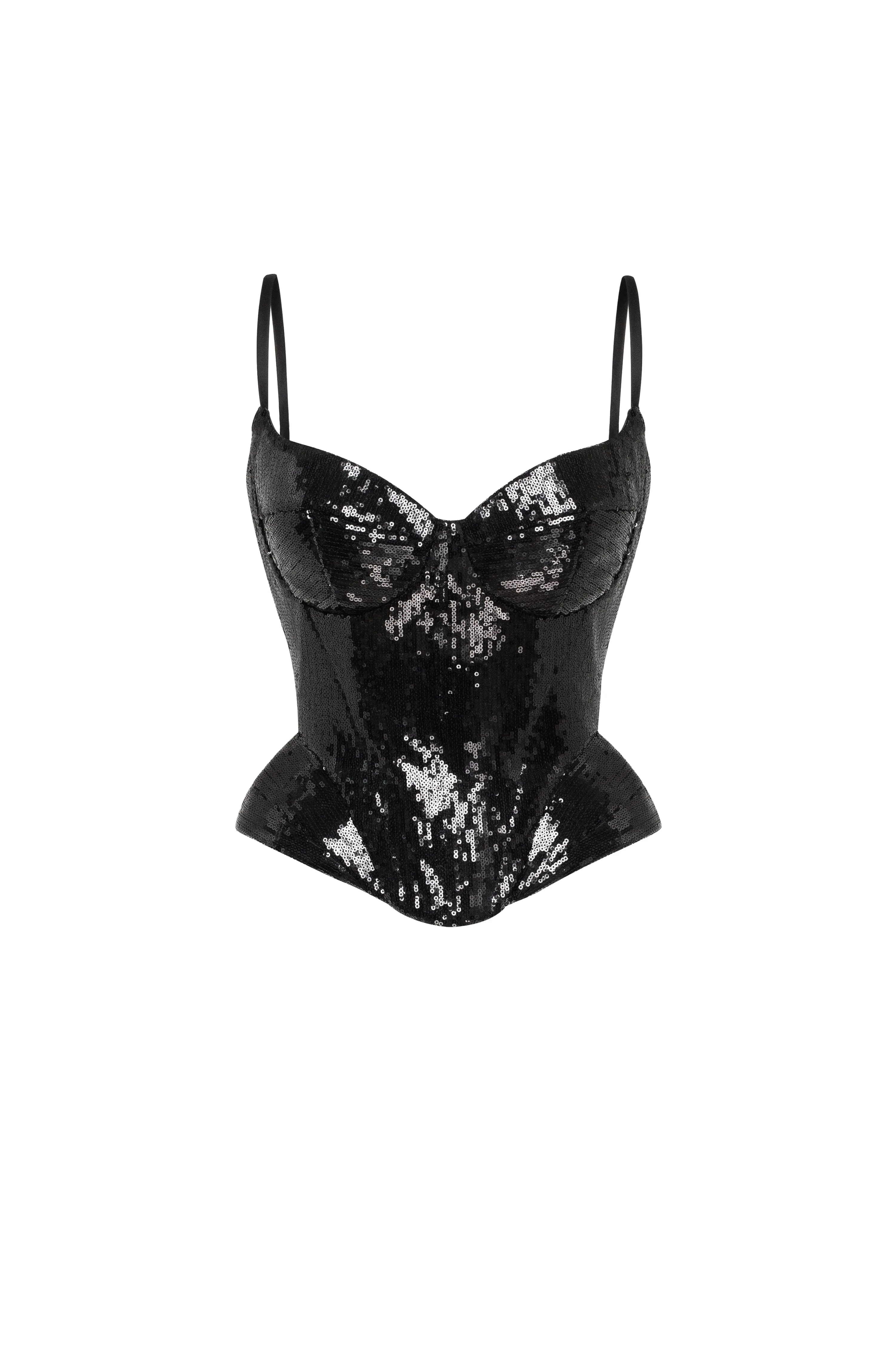 Sensational spaghetti straps sequined black corset, Midnight Walk sold by Milla