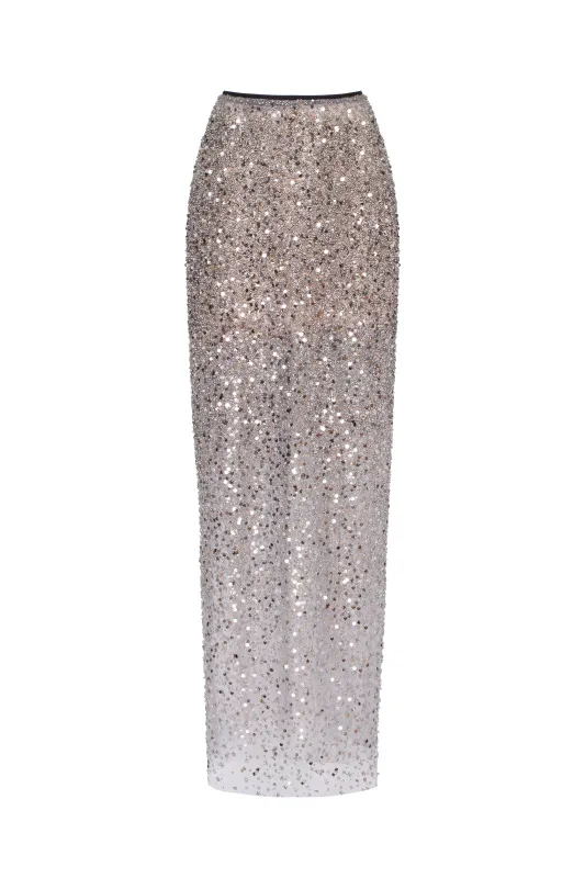 Showstopper fully sequined silver fitted maxi skirt, Midnight Walk sold by Milla