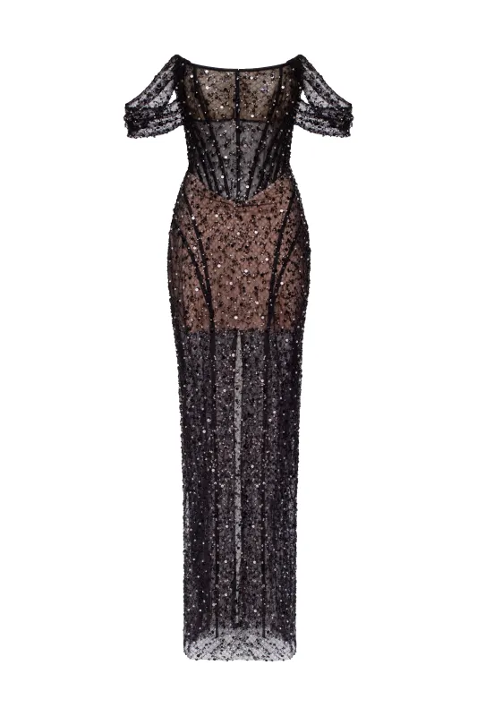 Striking black sequined fitted maxi dress, Midnight Walk sold by Milla