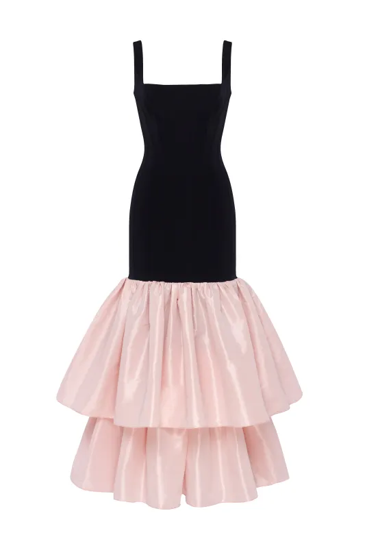 Black fitted maxi dress with pink puffy tiered skirt, Parisienne sold by Milla