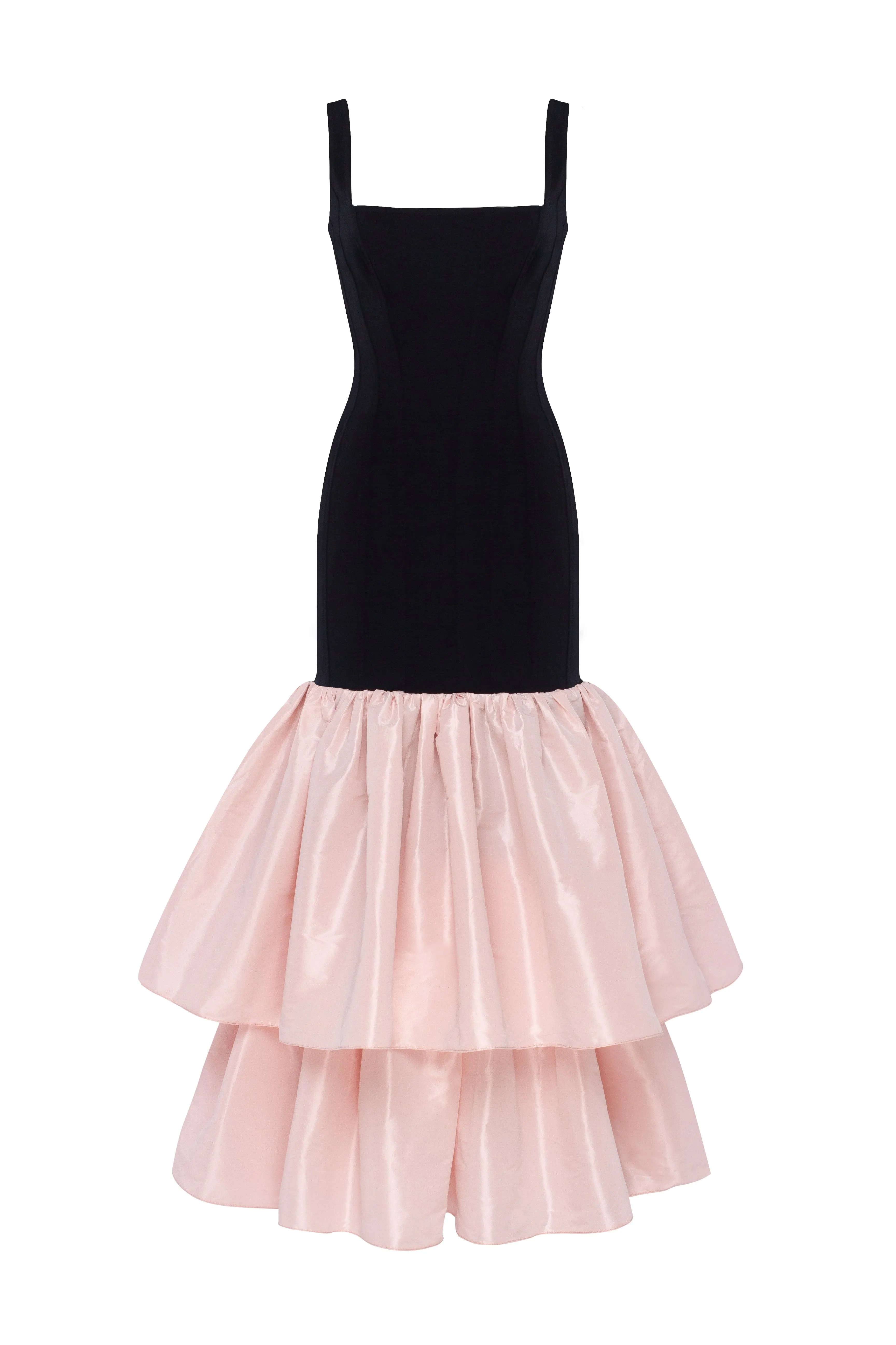 Black fitted maxi dress with pink puffy tiered skirt, Parisienne sold by Milla
