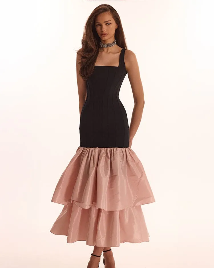 Black fitted maxi dress with pink puffy tiered skirt, Parisienne sold by Milla product image thumbnail 2