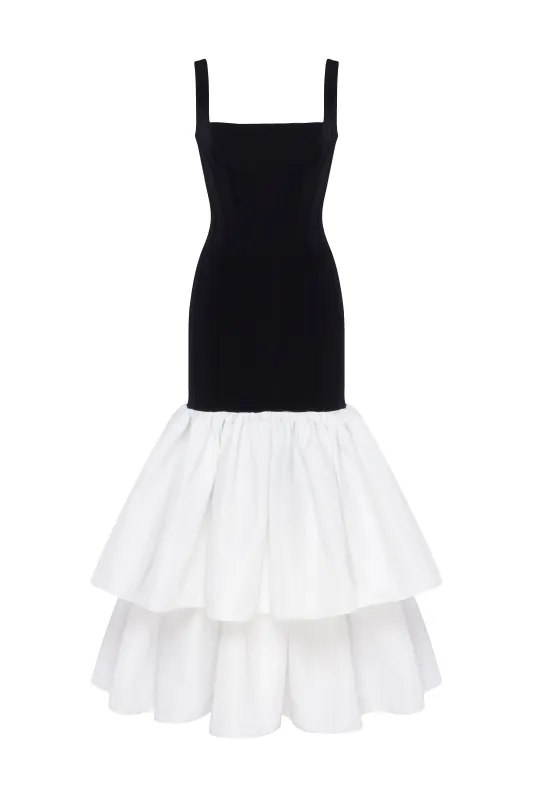 Black fitted maxi dress with white puffy tiered skirt, Parisienne sold by Milla