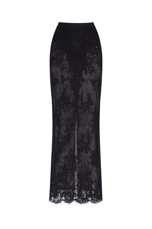 Sensual semi-sheer maxi skirt crafted from black floral lace, Parisienne sold by Milla