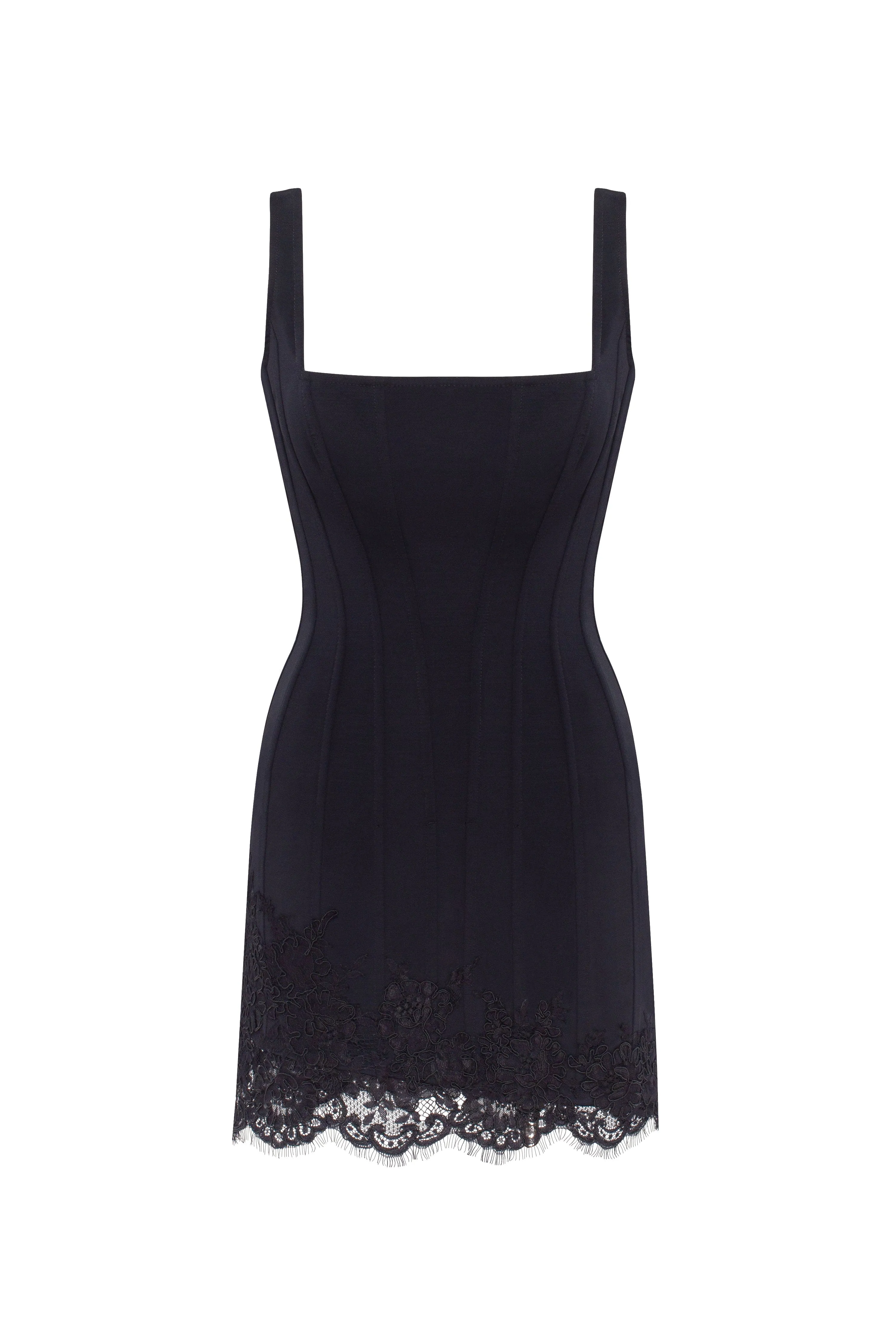 Sultry black corset mini dress with lace hem, Parisienne sold by Milla