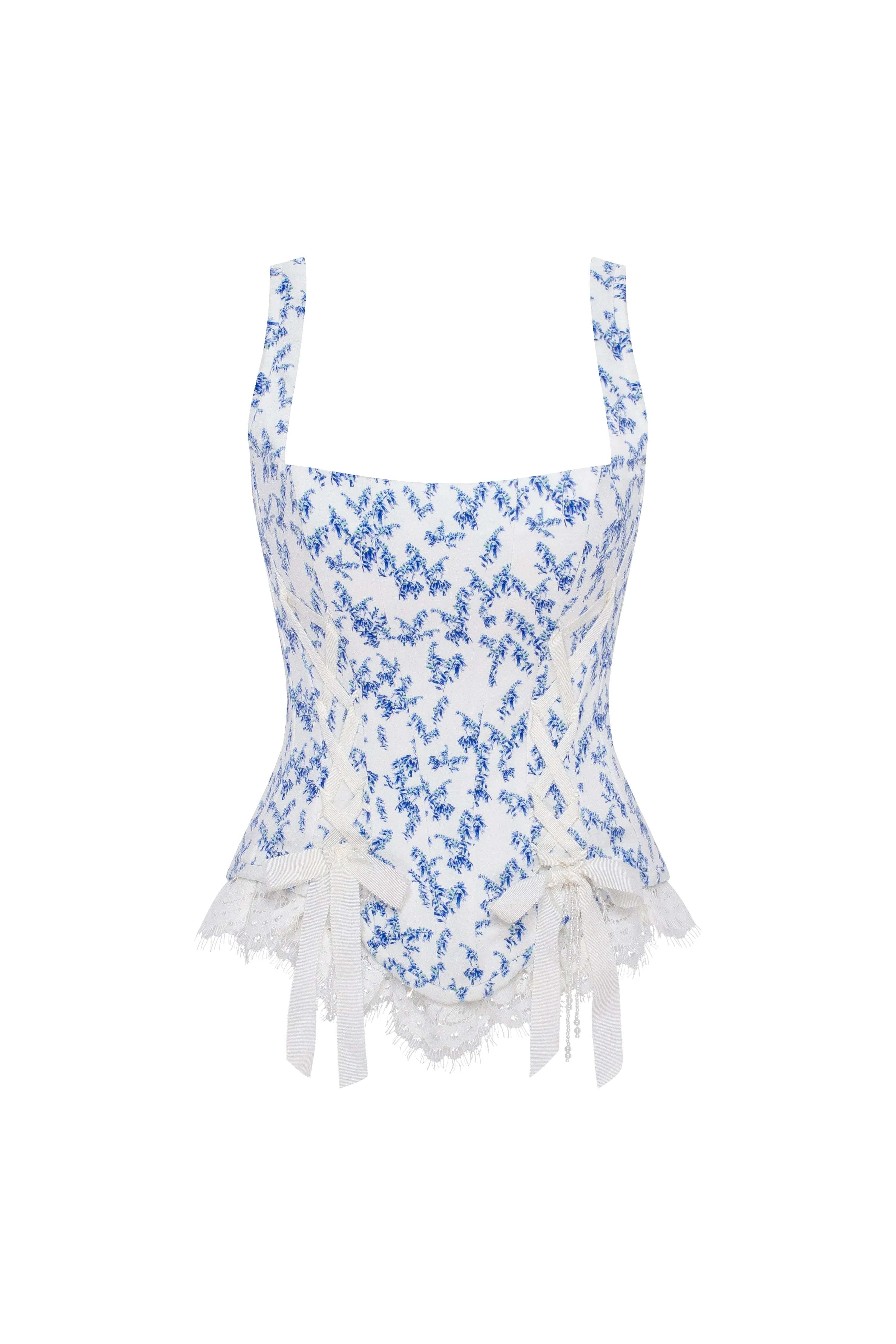 Blue lavender corset on straps with bows and ribbon lacing sold by Milla