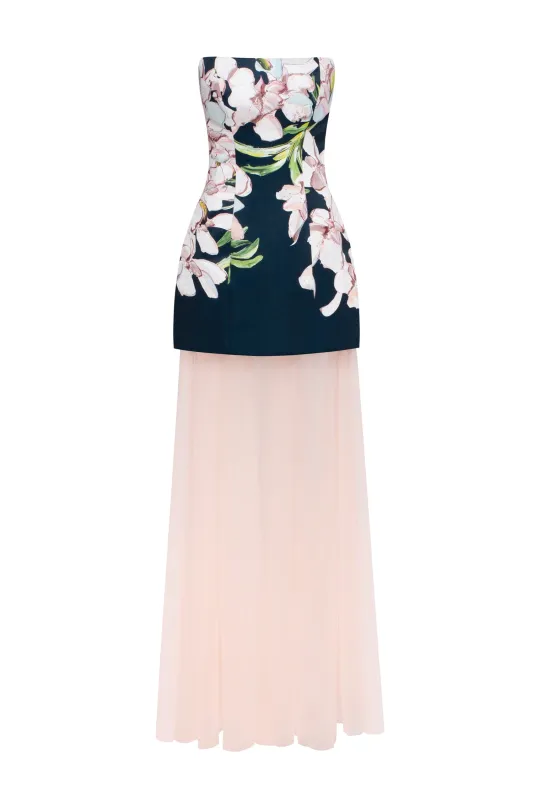 2-in-1 floral mini with a detachable light peach underskirt sold by Milla