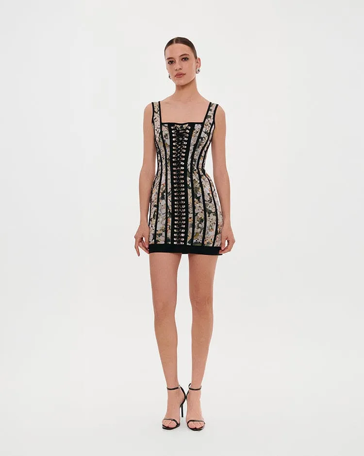 Alluring floral mini dress with bold lace-up hook closure sold by Milla product image thumbnail 2